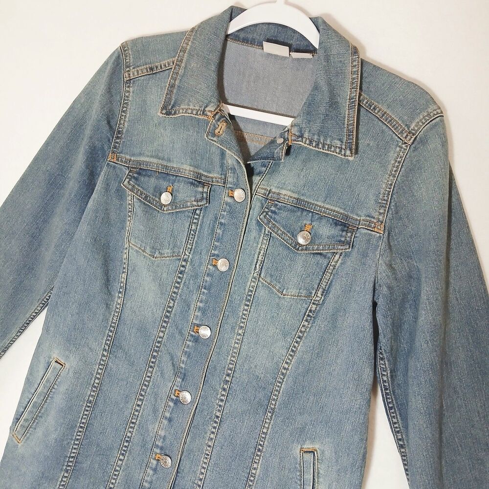 Chico's Women Blue Denim Jacket Button Front Street Medium Wash Size 1 #1192